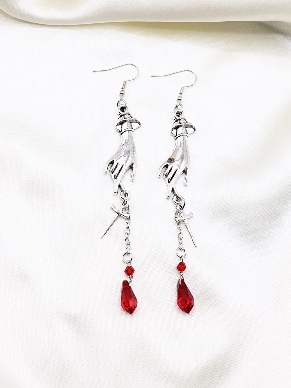 Silver Hand Dangle Earrings with Red Crystal blood Drops